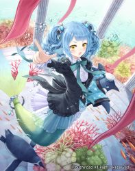 Rule 34 | 1girl, bird, blue hair, bow, bowtie, bubble, cardfight!! vanguard, company name, coral, curly hair, dolphin, fins, fish, head fins, long hair, official art, open mouth, penguin, tadokoro teppei, twintails, victory appeal filie, yellow eyes