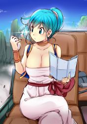 Rule 34 | 1990s (style), 1girl, arabian clothes, arms up, bare shoulders, blue eyes, blue hair, blue sky, blue vest, blush, bracelet, breasts, bulma, car, car interior, choker, cleavage, cloud, collarbone, commentary request, crossed legs, day, dragon ball, dragon radar, eyebrows, glint, gold trim, holding, holding map, jewelry, katori (mocchidou), large breasts, long hair, map, map (object), motor vehicle, mountain, outdoors, pants, parted lips, ponytail, raised eyebrows, retro artstyle, shirt, sitting, sky, solo, vest, white pants, white shirt