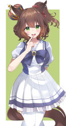 Rule 34 | 0kami 89zo, 1girl, absurdres, aston machan (umamusume), blush, breasts, brown hair, commentary request, crown, finger to mouth, green eyes, highres, horse girl, large breasts, looking at viewer, medium hair, open mouth, school uniform, simple background, thighhighs, tracen school uniform, umamusume, white thighhighs