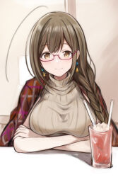 Rule 34 | 1girl, ahoge, arms under breasts, bespectacled, blush, breasts, brown hair, crossed arms, glasses, huge ahoge, idolmaster, idolmaster shiny colors, kuwayama chiyuki, large breasts, long braid, looking at viewer, nannacy7, red-framed eyewear, red shawl, shared drink, shawl, smile, solo