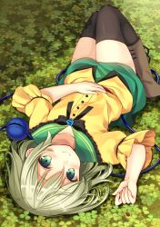 Rule 34 | 1girl, adapted costume, alternate costume, bad id, bad twitter id, black thighhighs, blush, boots, bow, bowtie, bug, clover, dutch angle, eyeball, flower, green eyes, green hair, insect, komeiji koishi, ladybug, leaf, long sleeves, looking at viewer, lying, matching hair/eyes, no headwear, no headwear, on back, rose, shiromikan, shirt, short hair, skirt, solo, string, thighhighs, third eye, touhou, upside-down, wide sleeves, zettai ryouiki