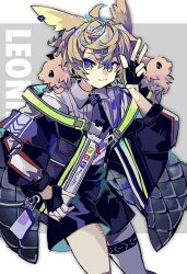 Rule 34 | 1boy, :3, ahoge, animal, animal ears, animal on shoulder, arknights, ascot, black ascot, black gloves, black jacket, black shorts, blonde hair, blue eyes, border, character name, collared shirt, commentary, cowboy shot, ear tag, fingerless gloves, fjsk, gloves, grey background, grey shirt, highres, holding, infection monitor (arknights), jacket, leonhardt (arknights), looking at viewer, male focus, off shoulder, rabbit boy, rabbit ears, shirt, short hair, shorts, smile, solo, suspenders, symbol-only commentary