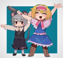 Rule 34 | 2girls, ^ ^, alice margatroid, anger vein, animal ears, black footwear, blonde hair, blue dress, blush, boots, brown footwear, capelet, closed eyes, cookie (touhou), dress, frilled capelet, frilled dress, frilled hairband, frilled sash, frills, frying pan, full body, grey hair, grey skirt, grey vest, grin, hairband, highres, holding, holding frying pan, ichigo (cookie), layered clothes, long sleeves, looking at viewer, mouse ears, mouse girl, mouse tail, multiple girls, nazrin, nyon (cookie), open mouth, pink hairband, pink sash, pink scarf, raichiyo, red eyes, red hairband, sash, scarf, shirt, shoes, short hair, sitting, skirt, skirt set, smile, socks, tail, touhou, vest, white capelet, white legwear, white shirt