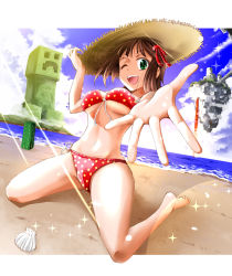Rule 34 | 1girl, amami haruka, barefoot, beach, bikini, breasts, brown hair, cloud, creeper, crossover, day, dutch angle, floating island, foreshortening, front-tie top, green eyes, hat, idolmaster, idolmaster (classic), kuno touya, lens flare, medium breasts, minecraft, navel, one eye closed, open hand, open mouth, outstretched hand, perspective, polka dot, polka dot bikini, polka dot swimsuit, reaching, red bikini, shell, short hair, side-tie bikini bottom, sitting, sky, smile, solo, sparkle, straw hat, sun hat, swimsuit, underboob, wariza, wink