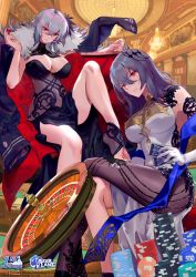 Rule 34 | 2girls, angye fdez, anniversary, arm rest, azur lane, black dress, black legwear, blush, breasts, card, casino card table, cleavage, coat, unworn coat, copyright name, crossed legs, dice, dress, gloves, graf zeppelin (azur lane), grey hair, hair between eyes, hair ornament, highres, holding, holding card, holding dice, indoors, large breasts, long hair, looking at viewer, multiple girls, pantyhose, parted lips, pelvic curtain, playing card, poker chip, red eyes, roulette, saint-louis (azur lane), shawl, single leg pantyhose, table, toeless legwear, very long hair, watermark, white dress