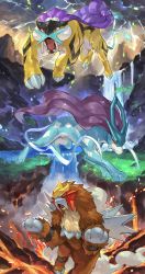 Rule 34 | absurdres, brown fur, claws, closed mouth, cloud, commentary request, creatures (company), entei, fangs, fire, game freak, gen 2 pokemon, grass, highres, legendary pokemon, lightning, lava, nintendo, no humans, open mouth, orange eyes, pokemon, pokemon (creature), raikou, suicune, tapioka chaso, toes, tongue, water, waterfall