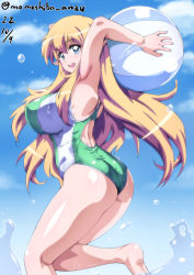 Rule 34 | 1girl, arms behind head, artist name, ass, ball, beachball, blonde hair, blue eyes, breasts, cloud, competition swimsuit, dated, day, kneepits, large breasts, legs, long hair, looking at viewer, nafta, ocean, one-piece swimsuit, open mouth, pointy ears, sky, solo, swimsuit, thighs, tiffania westwood, very long hair, water, zero no tsukaima