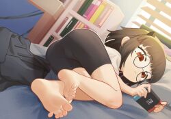 1girl ass barefoot bike_shorts black_hair blunt_bangs bookshelf commission demon_horns eyelashes feet foot_focus foreshortening glasses highres horns indie_virtual_youtuber itou_kaori_(vtuber) lying nanachides nintendo_switch on_side red_eyes round_eyewear short_hair soles toes virtual_youtuber