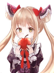 Rule 34 | 1girl, apple, black dress, bow, brown eyes, commentary request, double bun, dress, food, fruit, hair bow, hair bun, hands up, highres, holding, holding food, holding fruit, juliet sleeves, light brown hair, long hair, long sleeves, looking at viewer, luna (shadowverse), puffy sleeves, red apple, red bow, ririka (ab-yuri), shadowverse, simple background, sleeves past wrists, solo, twintails, upper body, very long hair, white background