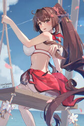 1girl ass bikini blue_sky breasts brown_hair cherry_blossoms day flower hair_between_eyes hair_flower hair_intakes hair_ornament headgear high_ponytail highres himeyamato kantai_collection large_breasts long_hair ocean outdoors red_eyes red_sarong sarong sidelocks sitting sky solo swimsuit swing_set very_long_hair white_bikini yamato_(kancolle) yamato_(swimsuit)_(kancolle) yamato_(swimsuit_mode)_(kancolle)