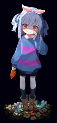 Rule 34 | 1girl, absurdres, black shorts, blue hair, blue ribbon, blue shirt, blush, boots, brown footwear, carrot, closed mouth, commentary request, cosplay, food, frisk (undertale), frisk (undertale) (cosplay), hair ribbon, highres, holding, holding food, holding vegetable, hololive, kneehighs, long sleeves, looking at viewer, medium hair, red eyes, ribbon, sans (undertale), shirt, short hair, shorts, sleeves past wrists, smile, socks, solo, striped clothes, striped shirt, thick eyebrows, two side up, undertale, usada pekora, utacha, vegetable, virtual youtuber