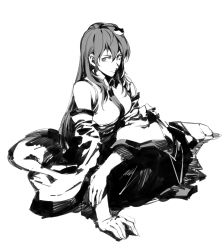 Rule 34 | 1girl, breasts, closed mouth, collared shirt, detached sleeves, greyscale, hair between eyes, hair ornament, highres, kochiya sanae, large breasts, long hair, long sleeves, looking at viewer, monochrome, ruukii drift, shirt, simple background, sitting, skirt, sleeveless, sleeveless shirt, solo, touhou, white background, wing collar