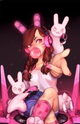 Rule 34 | &gt;:d, 1girl, :d, alternate costume, alternate hairstyle, animal, animal ear headphones, animal ears, animal print, artist name, black background, blue shorts, boots, braid, brown hair, blowing bubbles, chewing gum, collarbone, d.va (overwatch), facial mark, fake animal ears, foreshortening, gun, hair ornament, headphones, highres, holding, holding gun, holding weapon, knee boots, kneehighs, long hair, mecha, meka (overwatch), nail polish, open mouth, outstretched arm, overwatch, overwatch 1, pink nails, pink socks, pointing, pointing at viewer, rabbit, rabbit ear headphones, rabbit ears, rabbit hair ornament, rabbit print, red eyes, robot, sangcoon, shirt, shorts, simple background, sitting, sleeveless, smile, socks, solo, speaker, swept bangs, tank top, transparent, twin braids, v-shaped eyebrows, weapon, whisker markings, white footwear, white shirt
