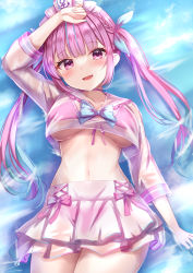 Rule 34 | 1girl, :d, arm up, bikini, bikini under clothes, bow, bowtie, braid, breasts, choker, collarbone, commentary, crop top, crop top overhang, fang, frilled shirt, frills, front-tie bikini top, front-tie top, hair ribbon, highres, hololive, large breasts, layered skirt, long hair, long sleeves, looking at viewer, lying, maid headdress, midriff, minato aqua, miniskirt, multicolored hair, nail polish, navel, on back, open mouth, pink bikini, pink choker, pink eyes, pink hair, pleated skirt, ribbon, sailor collar, school uniform, see-through, see-through shirt, see-through skirt, see-through sleeves, serafuku, shirt, skirt, smile, solo, stomach, streaked hair, string bikini, swimsuit, two-tone hair, virtual youtuber, wet, white shirt, white skirt, yuano