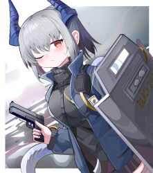 Rule 34 | 1girl, absurdres, arknights, black shirt, black skirt, blue jacket, breasts, brown eyes, closed mouth, dutch angle, grey hair, gun, highres, holding, holding gun, holding weapon, horns, jacket, liskarm (arknights), long sleeves, looking at viewer, medium breasts, one eye closed, open clothes, open jacket, pleated skirt, ponytail, puffy long sleeves, puffy sleeves, riot shield, shield, shirt, skirt, solo, spam (spamham4506), tail, turtleneck, weapon