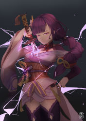 Rule 34 | 1girl, absurdres, blunt bangs, braid, breasts, closed mouth, commentary, commentary request, electricity, english commentary, flower, genshin impact, hair flower, hair ornament, highres, holding, holding sword, holding weapon, human scabbard, japanese clothes, katana, kimono, large breasts, light particles, long hair, long sleeves, looking at viewer, numamus, purple eyes, purple flower, purple hair, raiden shogun, ribbon, sash, sheath, shiny skin, simple background, solo, sword, tassel, unsheathing, weapon, wide sleeves