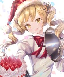 Rule 34 | 1girl, bad id, bad pixiv id, blonde hair, blush, cake, christmas, commentary request, food, hair ornament, hat, high collar, highres, holding, juliet sleeves, long sleeves, looking at viewer, magia record: mahou shoujo madoka magica gaiden, mahou shoujo madoka magica, mahou shoujo madoka magica (anime), mitakihara school uniform, neck ribbon, open mouth, puffy sleeves, red ribbon, revision, ribbon, santa hat, school uniform, simple background, smile, solo, tomoe mami, twintails, ukiukikiwi2525, whipped cream, white background, yellow eyes