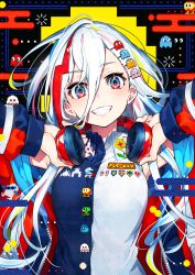Rule 34 | 1girl, armpits, arms up, bandai namco, bare shoulders, blue eyes, breasts, collared shirt, colorful, commentary request, company connection, denonbu, dig dug, egasumi, galaga, grin, hair between eyes, hair ornament, hairclip, hands on headphones, head tilt, headphones, headphones around neck, highres, holding, houou karin, jacket, long hair, long sleeves, looking at viewer, mika pikazo, multicolored eyes, multicolored hair, official art, open clothes, open jacket, pac-man (game), red hair, red jacket, seigaiha, shirt, sleeveless, sleeveless shirt, small breasts, smile, solo, streaked hair, two-tone hair, two-tone shirt, upper body, white hair