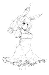 Rule 34 | 1girl, ahoge, animal ears, arms behind back, bloomers, breasts, cleavage, commentary request, cowboy shot, crescent, cropped legs, dress, earclip, greyscale, long hair, medium breasts, monochrome, rabbit ears, rabbit tail, seiran (touhou), short sleeves, simple background, solo, star (symbol), star print, tail, tanasuke, touhou, underwear, white background