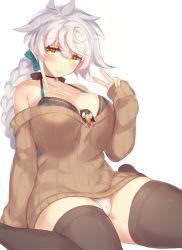 Rule 34 | 10s, 1girl, asymmetrical hair, bad id, bad twitter id, between breasts, black thighhighs, blush, bow, braid, breasts, brown sweater, camisole, choker, cleavage, collarbone, commentary request, eyelashes, failure penguin, green bow, hair bow, hand gesture, jewelry, jitome, kantai collection, large breasts, legs, long hair, looking at viewer, off-shoulder, off-shoulder sweater, off shoulder, panties, pendant, pokoten (pokoten718), ribbed sweater, silver hair, simple background, single braid, sitting, smile, solo, sweater, swept bangs, thick thighs, thighhighs, thighs, underwear, unryuu (kancolle), v, very long hair, wariza, wavy hair, white background, white panties, yellow eyes