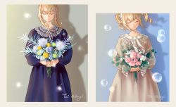 Rule 34 | 2girls, artist name, barbara (genshin impact), beiyi, blonde hair, bouquet, bubble, closed mouth, commentary, dress, english commentary, closed eyes, flower, genshin impact, highres, holding, holding bouquet, jean (genshin impact), multiple girls, siblings, sisters, smile