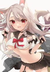 Rule 34 | :d, animal ears, anniversary, azur lane, bare shoulders, black gloves, blonde hair, blush, bow, bowtie, breasts, claw pose, commentary request, crop top, cropped shirt, detached sleeves, ebichiri sunday, fang, fingerless gloves, garter straps, gloves, hair between eyes, hands up, happy, highres, leaning forward, long hair, medium breasts, microskirt, midriff, miniskirt, nail polish, navel, open mouth, pleated skirt, red bow, red bowtie, red eyes, red nails, retrofit (azur lane), rigging, sailor collar, school uniform, serafuku, shirt, skirt, slit pupils, smile, tail, underboob, very long hair, white serafuku, white shirt, wolf ears, wolf girl, yuudachi (azur lane)