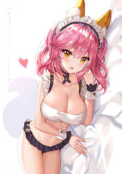 Rule 34 | 1girl, :d, absurdres, animal ear fluff, animal ears, bandeau, bare arms, bare shoulders, black choker, black skirt, blurry, breasts, brown eyes, choker, cleavage, collarbone, depth of field, fang, fate/grand order, fate (series), frills, hair between eyes, heart, highres, large breasts, long hair, looking at viewer, lying, maid, maid headdress, microskirt, midriff, navel, on bed, on side, open mouth, pink hair, pleated skirt, shanguier, skirt, smile, solo, stomach, tamamo (fate), tamamo no mae (fate/extra), thighs, two side up, wrist cuffs