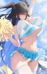 Rule 34 | 1girl, absurdres, arm up, asymmetrical horns, black hair, blue hair, blue skirt, blue sky, blush, bouncing breasts, breasts, cheerleader, colored inner hair, confetti, crop top, demon horns, highres, holding, holding pom poms, hololive, hololive english, horns, huge breasts, jumping, long hair, miniskirt, mole, mole on breast, mole under eye, multicolored hair, navel, nerissa ravencroft, one eye closed, pleated skirt, pom pom (cheerleading), pom poms, prab, red eyes, skindentation, skirt, sky, solo, stomach, teeth, thighhighs, underboob, very long hair, virtual youtuber, white thighhighs