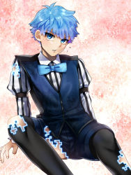 Rule 34 | 10s, 1boy, blue eyes, blue hair, bow, bowtie, fate/extra, fate/extra ccc, fate (series), hans christian andersen (fate), pantyhose under shorts, male focus, matching hair/eyes, mitsuki mitsuno, pantyhose, shorts, solo, torn clothes, vest