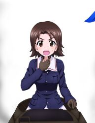 Rule 34 | 1girl, blush, breasts, brown eyes, brown hair, girls und panzer, highres, key (gaigaigai123), large breasts, looking at viewer, military uniform, ooarai military uniform, open mouth, sawa azusa, short hair, simple background, solo, uniform, white background