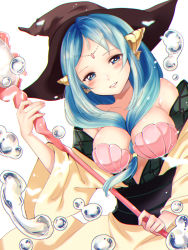 Rule 34 | 1girl, bare shoulders, between breasts, black hat, blue eyes, blue hair, blush, breasts, hair between breasts, haru (nakajou-28), hat, holding, holding staff, large breasts, light smile, long hair, looking at viewer, magi the labyrinth of magic, seashell, shell, shell bikini, simple background, solo, staff, white background, wide sleeves, witch hat, yamuraiha