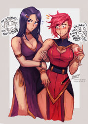 Rule 34 | !, !!, ..., 2girls, alcohol, arcane: league of legends, arcane caitlyn, arcane vi, armband, artist name, bare shoulders, blood, blue eyes, blush, breasts, caitlyn (league of legends), choker, cleavage, commentary, cup, dress, drinking glass, earrings, english commentary, english text, female focus, flying sweatdrops, grey background, heart, holding, holding cup, iahfy, jewelry, large breasts, league of legends, long hair, looking at another, looking at breasts, multiple girls, muscular, muscular female, nosebleed, parted lips, patreon username, pelvic curtain, pink hair, short hair, simple background, sleeveless, sweatdrop, teeth, thought bubble, twitter username, vi (league of legends), watermark, wine, wine glass, wristband, yuri