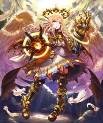 Rule 34 | 10s, 1girl, :o, angel, angel wings, bad id, bad pixiv id, chain chronicle, curly hair, feathered wings, feathers, gauntlets, halo, highres, kt. (kaisou-notagui), light rays, long hair, looking at viewer, mechanical halo, mechanical wings, original, scarf, steampunk, wings, yellow eyes