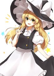 Rule 34 | 1girl, absurdres, ahoge, ameria (artist), apron, back bow, black hat, black skirt, black vest, blonde hair, bow, braid, buttons, collared shirt, commentary request, frilled apron, frilled hat, frills, gesture, happy, hat, hat bow, highres, holding, holding clothes, holding skirt, kirisame marisa, long sleeves, open mouth, puffy short sleeves, puffy sleeves, shirt, short sleeves, side braid, simple background, single braid, skirt, star (symbol), touhou, v, vest, waist apron, white apron, white background, white bow, white shirt, witch hat, yellow eyes