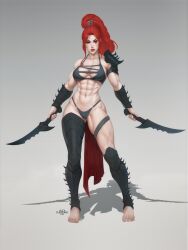 Rule 34 | 1girl, abs, absurdres, armor, barefoot, bikini, breasts, cherubic alex, cleavage, dark eldar, dual wielding, elf, eye tattoo, full body, high ponytail, highres, holding, holding knife, knife, large breasts, lelith hesperax, loincloth, long hair, muscular, muscular female, pauldrons, pointy ears, red eyes, red hair, shadow, shoulder armor, signature, single pauldron, solo, spiked armor, swimsuit, thick thighs, thighs, warhammer 40k