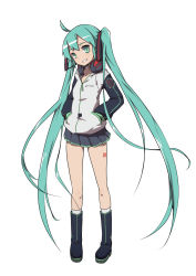 Rule 34 | 1girl, ahoge, aize, boots, full body, green eyes, green hair, hands in pockets, hatsune miku, headphones, headphones around neck, highres, jacket, kneehighs, long hair, looking at viewer, matching hair/eyes, ribbon, simple background, skirt, smile, socks, solo, twintails, very long hair, vocaloid, white background