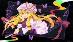 Rule 34 | 1girl, artist name, blonde hair, blush, bow, bright pupils, bug, butterfly, closed mouth, commentary, dress, espoircristal, eyebrows hidden by hair, floating hair, folded fan, folding fan, gap (touhou), hair between eyes, hair bow, hand fan, hand on own chin, hat, hat ribbon, head rest, highres, holding, holding fan, insect, long hair, long sleeves, looking at viewer, mob cap, orange eyes, purple tabard, red bow, red ribbon, ribbon, smile, solo, tabard, touhou, very long hair, white dress, white hat, white pupils, wide sleeves, yakumo yukari