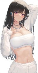 Rule 34 | 1girl, arm behind head, bad id, bad twitter id, black hair, blue nails, blush, breasts, cleavage, crop top, cropped jacket, highres, jacket, jewelry, large breasts, long hair, looking at viewer, makamati, midriff, nail polish, navel, necklace, open clothes, open jacket, original, parted lips, pink eyes, simple background, solo, thighhighs, white background, white jacket