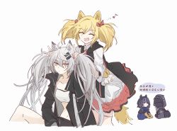 Rule 34 | 1other, 3girls, ambiguous gender, animal ears, arknights, blonde hair, doctor (arknights), glaucus (arknights), grey eyes, hair ornament, hairclip, highres, holding, holding own hair, hood, kaleka, lappland (arknights), long hair, low twintails, multicolored hair, multiple girls, open mouth, silver hair, sora (arknights), streaked hair, tail, twintails, wolf ears, wolf girl, wolf tail