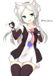 Rule 34 | :d, american flag, american flag print, animal ear fluff, animal ears, azur lane, bare shoulders, black gloves, black thighhighs, blush, cat ears, double finger gun, dress, elbow gloves, finger gun, fingerless gloves, flag print, gloves, green eyes, highres, long hair, ochinsama, open mouth, parted bangs, print neckwear, silver hair, simple background, sims (azur lane), sitting, sleeveless, sleeveless dress, smile, solo, thighhighs, two side up, very long hair, white background, white dress
