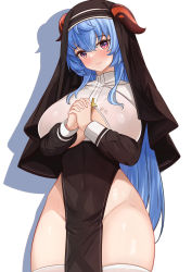 Rule 34 | 1girl, blue hair, blush, breasts, cetta (cettadvd), clothing cutout, covered navel, cross, dress, ganyu (genshin impact), genshin impact, goat horns, habit, highres, horns, large breasts, long hair, long sleeves, looking at viewer, nun, purple eyes, sidelocks, smile, solo, thighhighs, thighs, white background