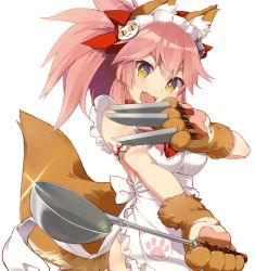 Rule 34 | 1girl, @ @, agsen, animal ears, bell, breasts, cleavage, collar, fangs, fate/grand order, fate (series), fox ears, fox tail, gradient background, hair ribbon, knife, large breasts, long hair, looking at viewer, neck bell, open mouth, pink hair, ribbon, solo, tail, tamamo (fate), tamamo cat (fate), tamamo cat (third ascension) (fate), tamamo no mae (fate/extra), yellow eyes