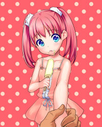 Rule 34 | arm grab, blue eyes, child, dress, food, highres, looking at viewer, pink hair, popsicle, pov, sleeveless, twintails