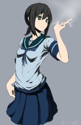 Rule 34 | 10s, 1girl, 2015, arm up, black hair, blouse, blue shirt, blue skirt, breasts, cigarette, cowboy shot, dated, fubuki (kancolle), green eyes, grey background, hair between eyes, highres, holding, holding cigarette, kantai collection, looking to the side, low ponytail, pleated skirt, school uniform, serafuku, shirt, short ponytail, short sleeves, sidelocks, simple background, skirt, small breasts, smoke, smoking, solo, tabiaki (cosy catastrophe), tabisora