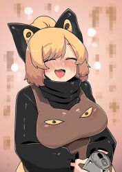 Rule 34 | 1girl, @ @, absurdres, black bow, black shirt, blonde hair, blush, bow, breasts, brown dress, can, commentary request, dress, drunk, fang, hair bow, hair bun, highres, holding, holding can, kurodani yamame, large breasts, long sleeves, nose blush, open mouth, pinafore dress, rinyamame, shirt, short hair, sleeveless dress, smile, solo, tongue, touhou, turtleneck, upper body
