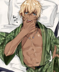 Rule 34 | 1boy, :p, absurdres, amuro tooru, aqua eyes, blonde hair, dark skin, highres, japanese clothes, jewelry, kimono, looking at viewer, lying, male focus, meitantei conan, muscular, muscular male, navel, necklace, on back, open clothes, open kimono, pillow, short hair, solo, teeth, tongue, tongue out, upper body, upper teeth only, yuu (guruko)