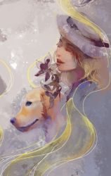 Rule 34 | 1girl, animal, audrey hall, blonde hair, cangzhili, chinese commentary, commentary request, dog, closed eyes, flower, golden retriever, hat, long hair, lord of the mysteries, open mouth, shaded face, susie (lord of the mysteries), teeth, white headwear