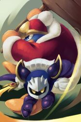 Rule 34 | armor, attack, beanie, blue eyes, cape, cape lift, circlet, commentary request, fighting, fur-trimmed robe, fur-trimmed sleeves, fur trim, galaxia (sword), gloves, green background, hammer, hat, highres, holding, holding hammer, holding sword, holding weapon, king dedede, kirby (series), meta knight, nintendo, no humans, okame nin, over shoulder, pauldrons, pom pom (clothes), pom pom beanie, purple cape, purple footwear, red hat, red robe, robe, sabaton, shoulder armor, simple background, solid oval eyes, sword, weapon, weapon over shoulder, white gloves, white mask, yellow eyes, yellow gloves