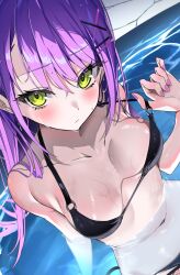 Rule 34 | 1girl, absurdres, adjusting clothes, adjusting swimsuit, bare shoulders, bikini, black bikini, blush, breasts, closed mouth, dutch angle, green eyes, hair ornament, hairclip, highres, hololive, long hair, looking at viewer, medium breasts, midriff, navel, osechi (pixiv56606477), partially submerged, purple hair, purple nails, solo, swimsuit, tokoyami towa, upper body, virtual youtuber