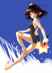 Rule 34 | 1girl, alternate costume, barefoot, brown eyes, brown hair, competition swimsuit, hand fan, feet, female focus, full body, hat, katahira masashi, legs, looking at viewer, one-piece swimsuit, pointy ears, shameimaru aya, short hair, solo, swimsuit, tokin hat, touhou